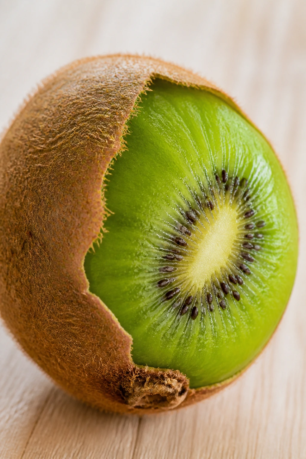 Close-up of kiwi with peeled portion showing green flesh filling the frame