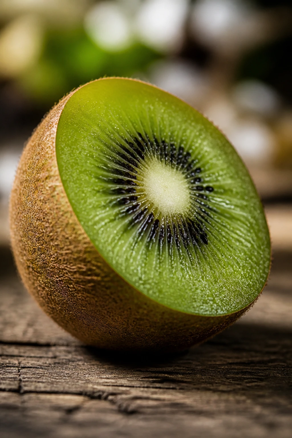 Close-up of a single kiwi with a playful tilt on a wooden surface