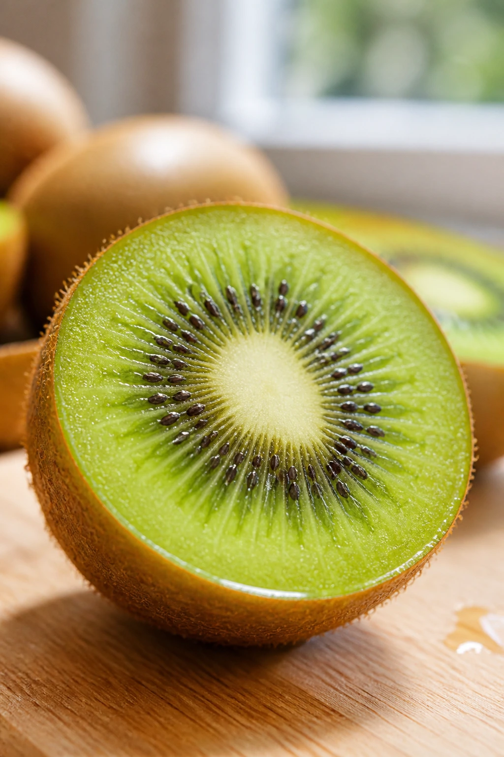 Fruity Horoscopes: What Fruit Represents Your Zodiac Sign? 9 Close-up of a halved kiwi on a light wooden cutting board