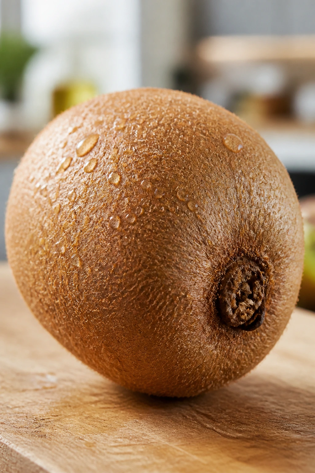 How To Keep Kiwi Fresh? & How To Know When Kiwi Is Bad? 3 Close-up of a single kiwi on a kitchen counter showing ripe skin for freshness