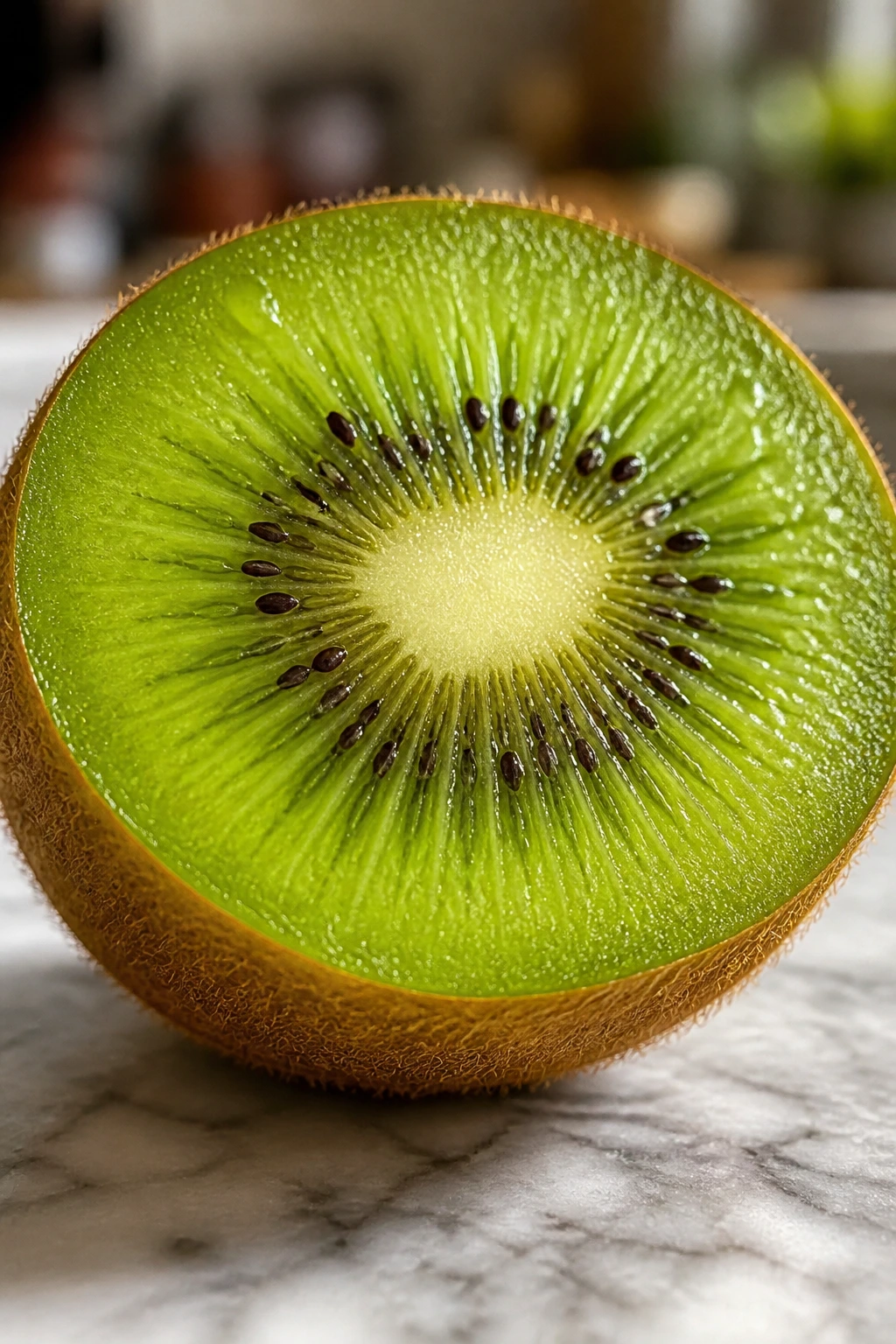 Close-up of a halved kiwi showing vibrant green flesh and seeds in a kitchen setting.