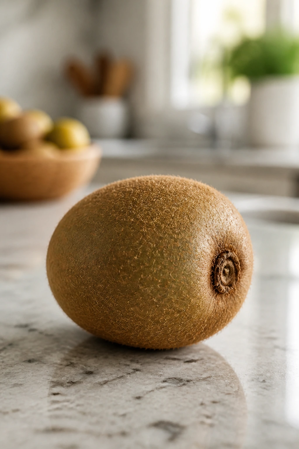 How Long Does Kiwi Last At Room Temperature? 2 Close-up of a kiwi fruit on a kitchen counter under ambient light.