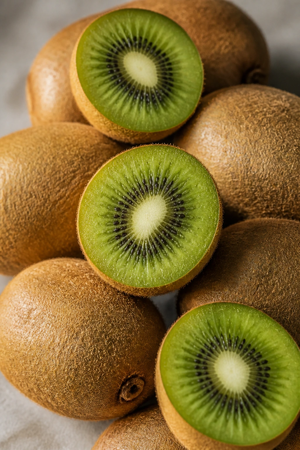 Is Kiwi Fruit Good for Diabetics? Benefits, Effects & More. 3 Close-up of a cluster of kiwis occupying the frame on a neutral background