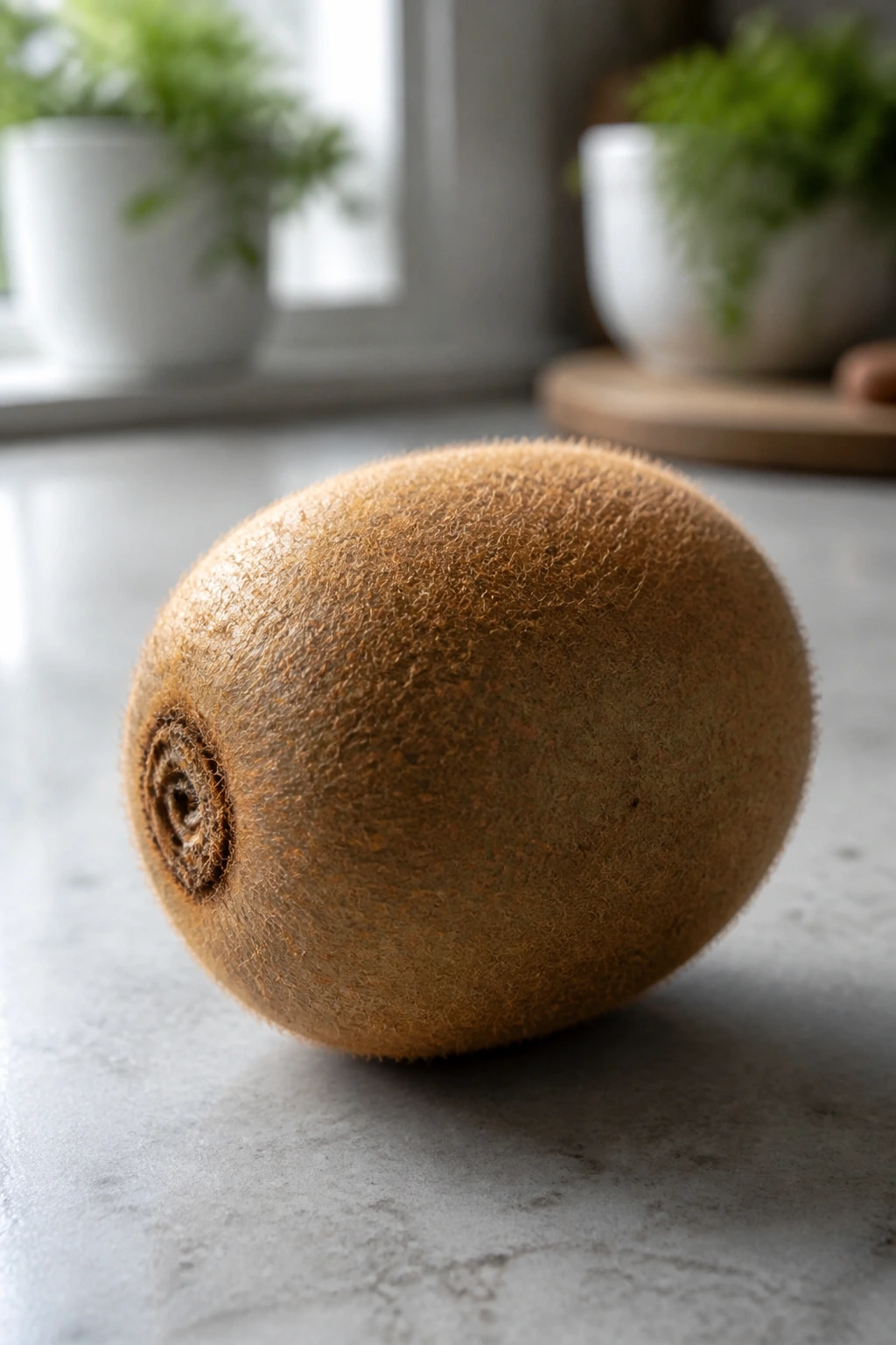 How Long Does Kiwi Last At Room Temperature? 3 Kiwi fruit close-up on a kitchen counter with natural light.