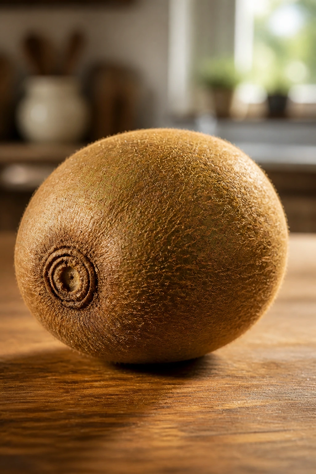 How Long Does Kiwi Last At Room Temperature? 1 Close-up of a single kiwi fruit at room temperature on a wooden kitchen counter.