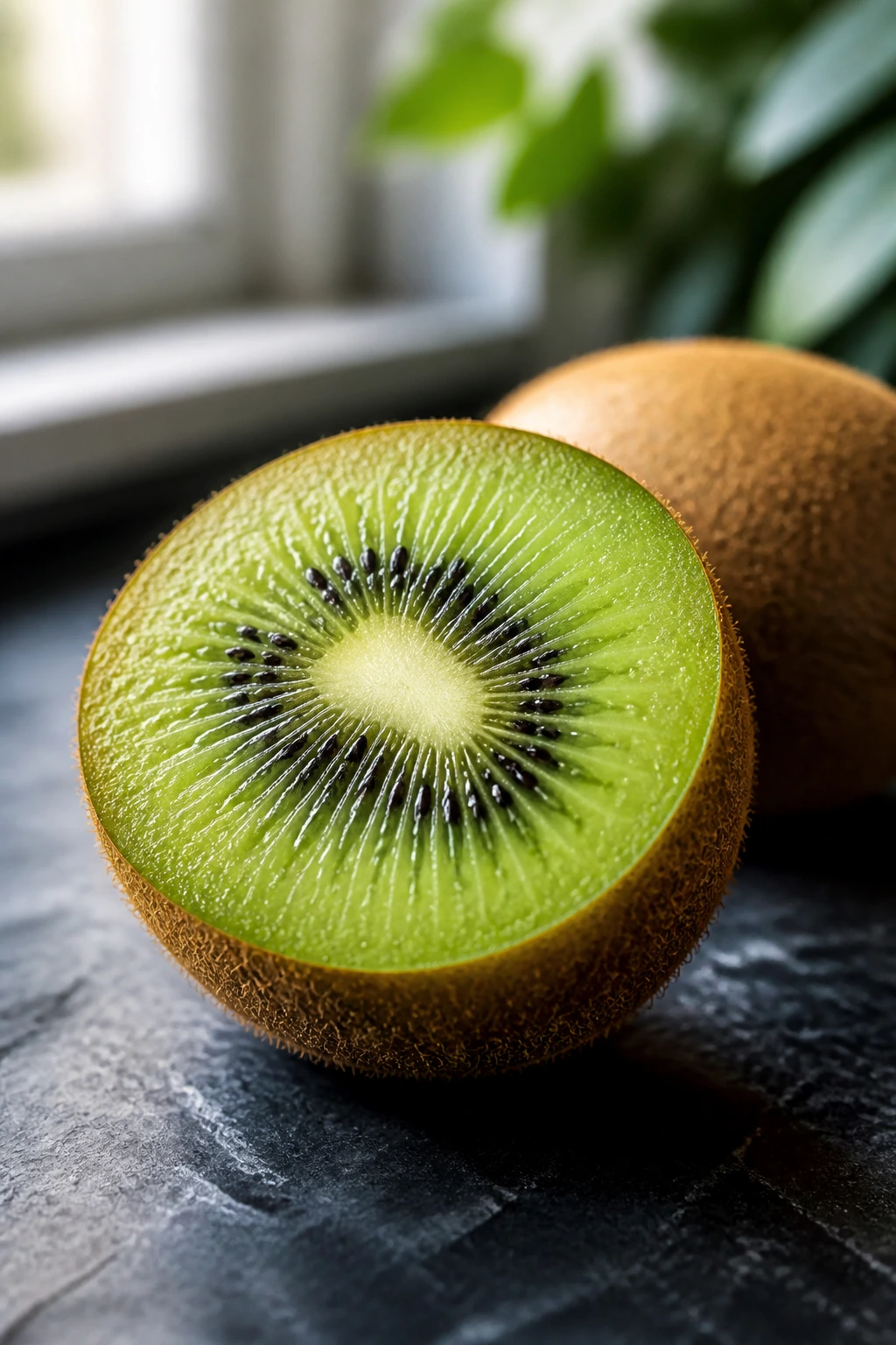 Close-up of a halved kiwi on a dark counter with green flesh.
