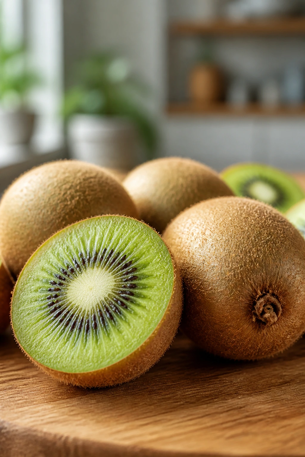 Are Kiwi Fruit Acidic Or Alkaline? Everything You Need To Know 7 Close-up of kiwi fruits cut in half, revealing bright green flesh and black seeds on a wooden kitchen surface