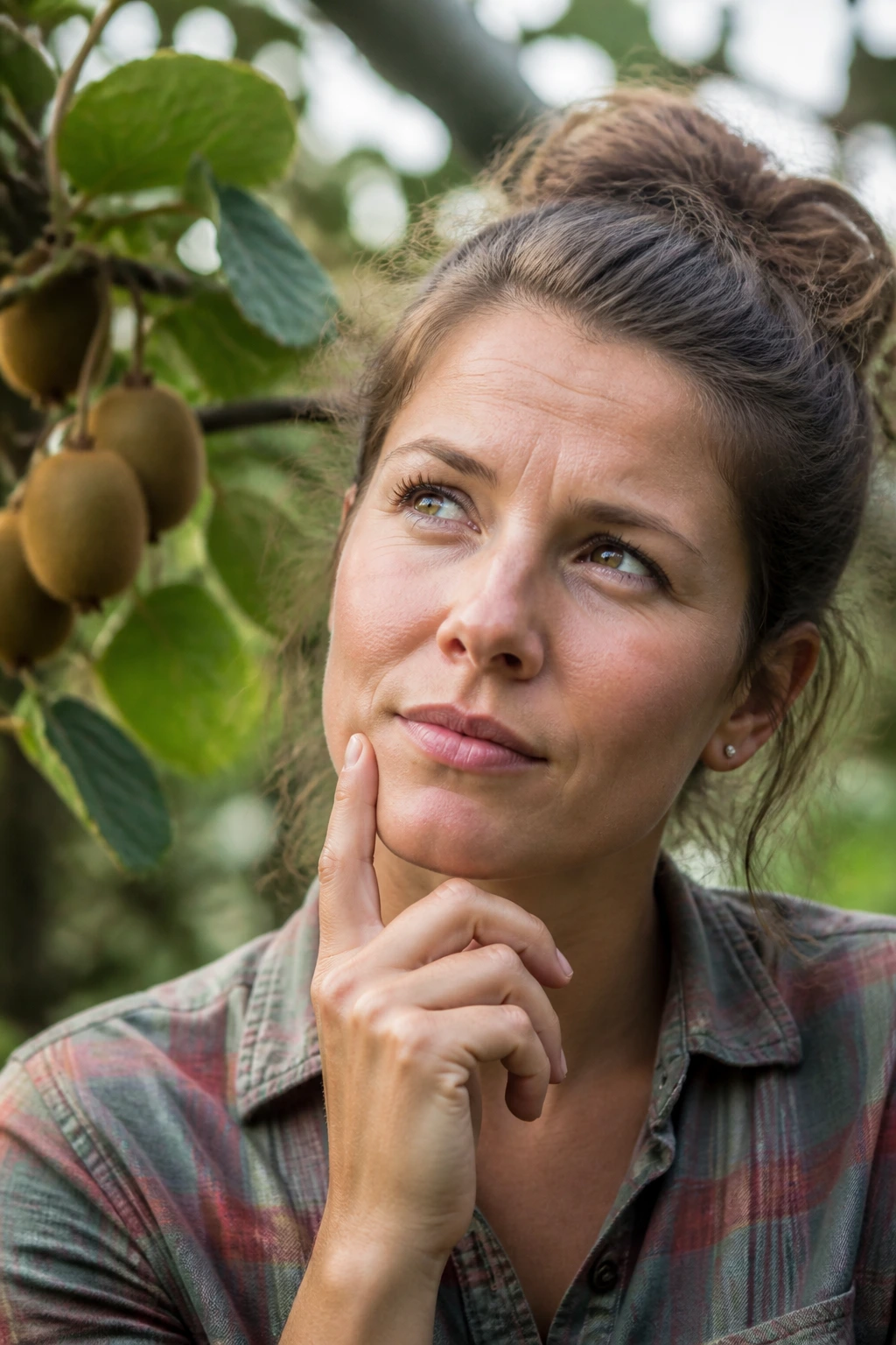 Portrait of a person in a garden, thoughtful expression about kiwi gardening