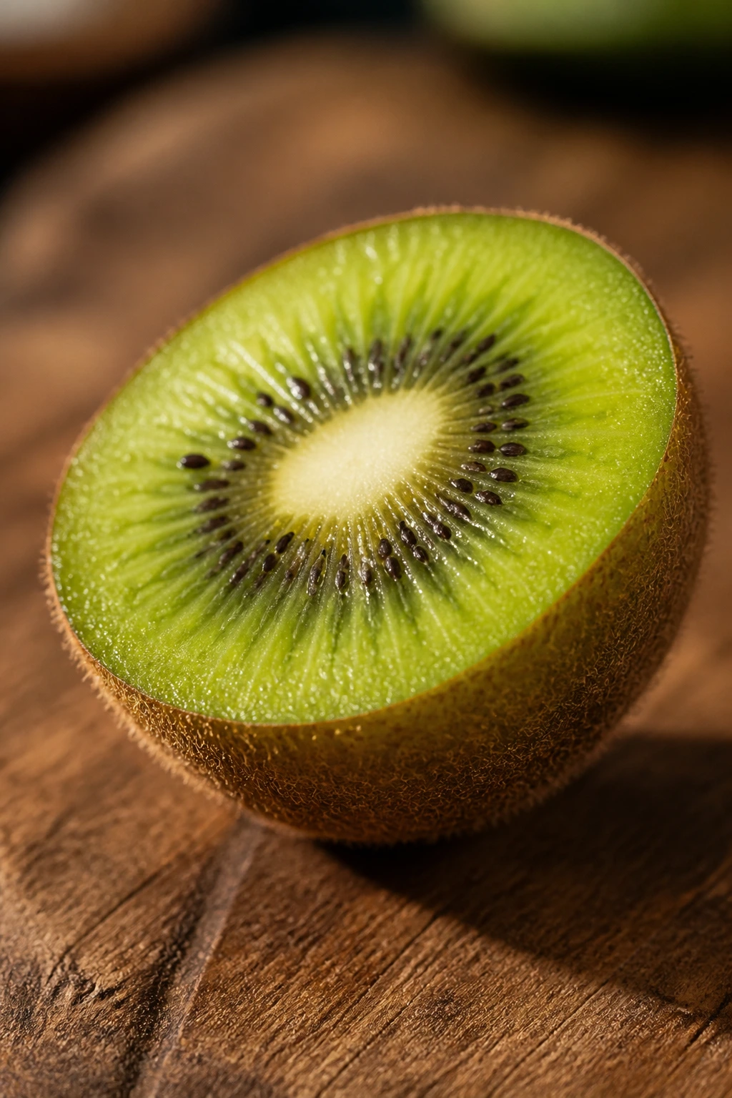 Close-up of a ripe kiwi on a wooden surface under warm kitchen light.