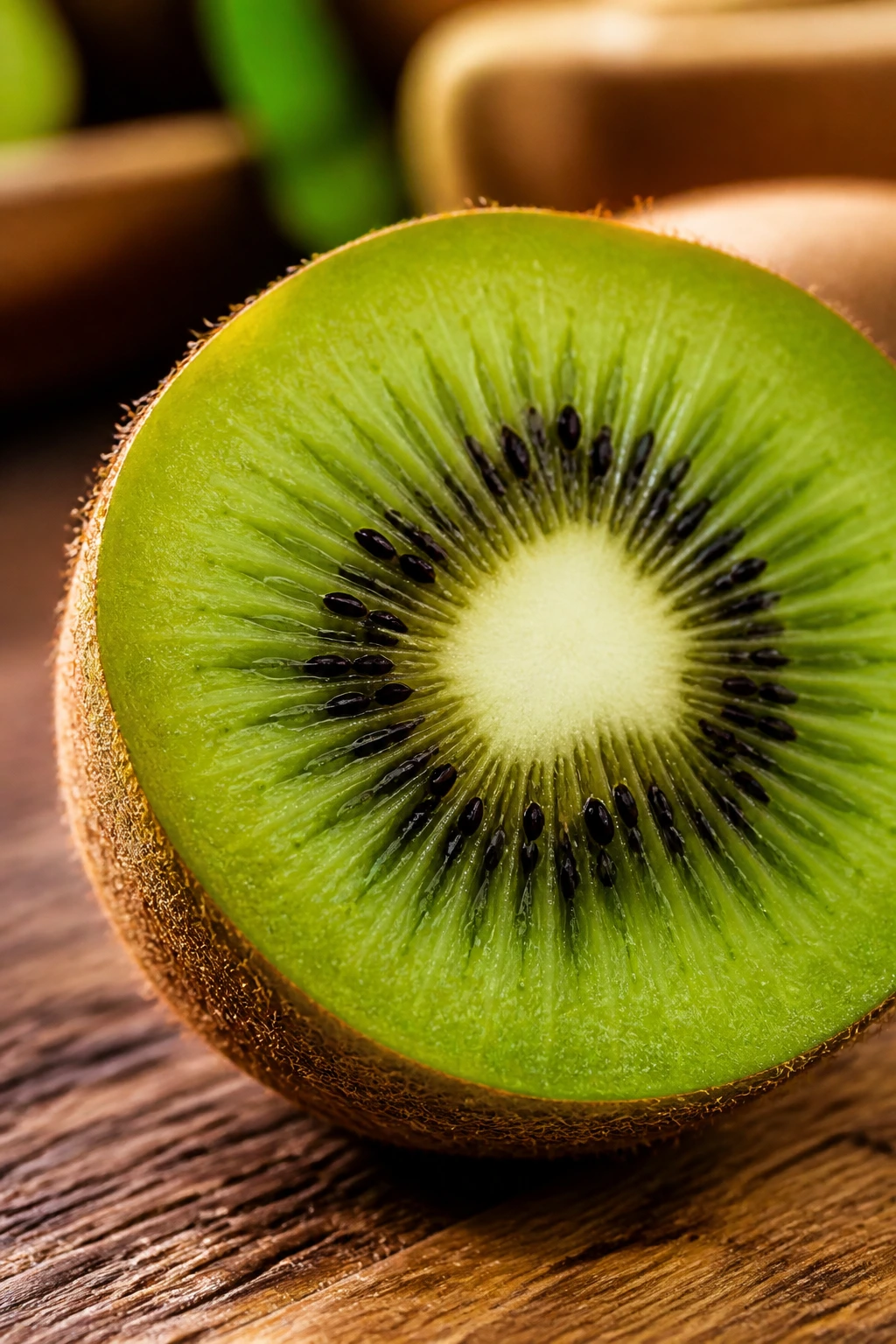 How To Stop Kiwi From Burning Tongue:Â Expert Tips and Tricks 1 Close-up of a ripe kiwi half showing green flesh and seeds on a wooden cutting board.