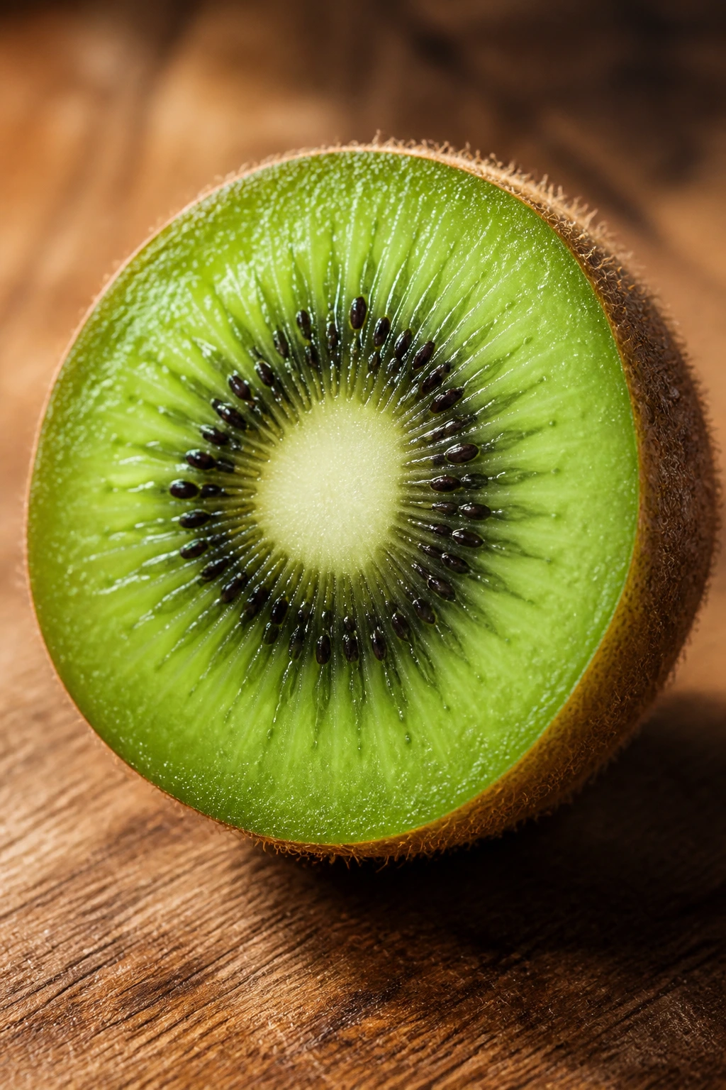 Close-up of halved kiwi showing bright green flesh and seeds