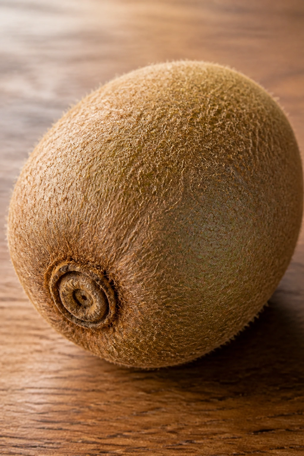 Close-up of a single kiwi on a wooden surface