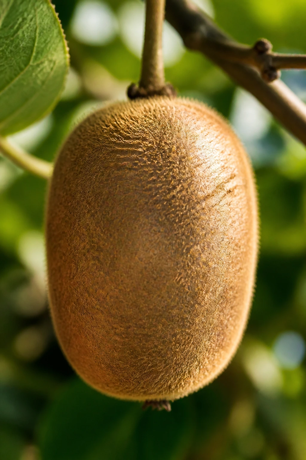 Close-up of a kiwifruit against an outdoor garden background