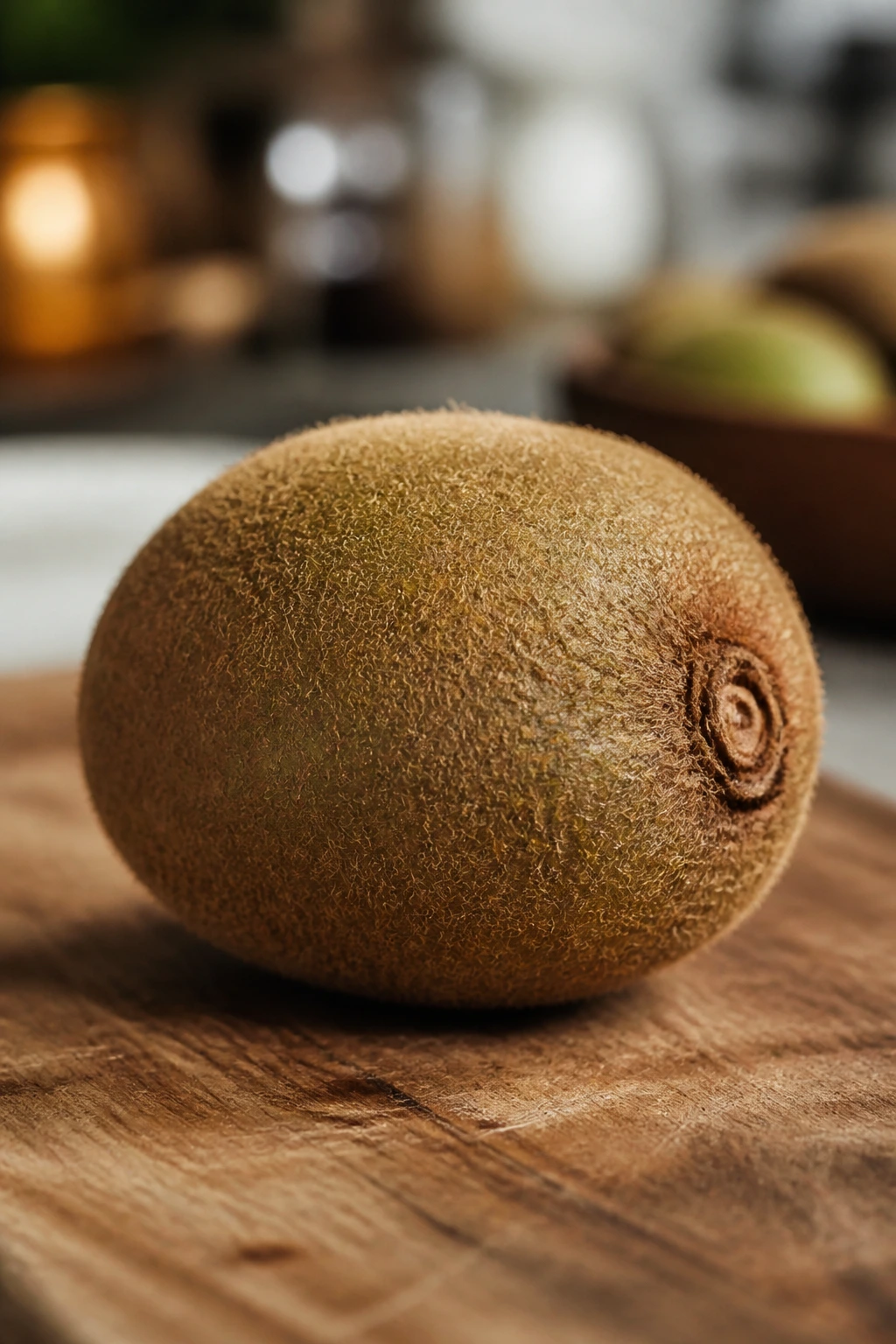 When Are Kiwis In Season? All You Need To Know 2 Single kiwi on cutting board with warm kitchen blur illustrating kiwi seasonality factors