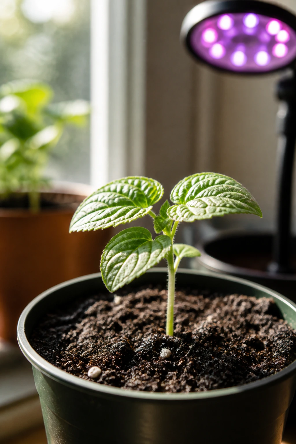 Close-up of young kiwi seedling in pot on sunny windowsill