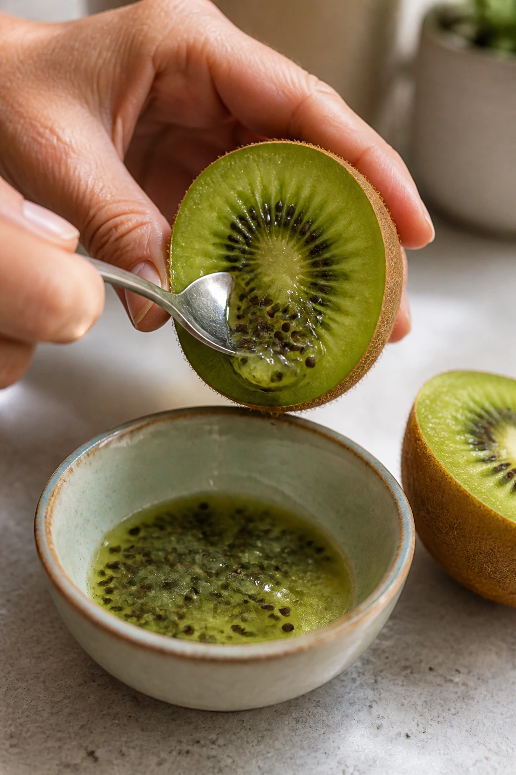 Close-up of hands removing kiwi seeds from halved kiwi