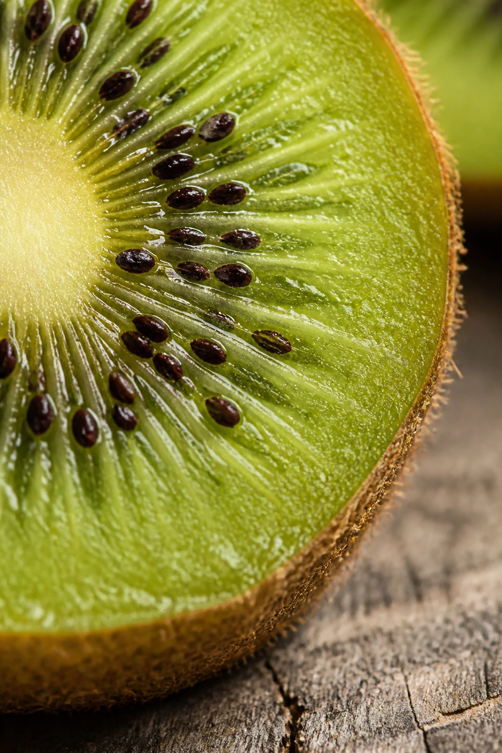 Can You Eat Kiwi Seeds? Is It Safe? What Are The Benefits? 5 Macro close-up of kiwi seeds in green flesh on rustic kitchen surface