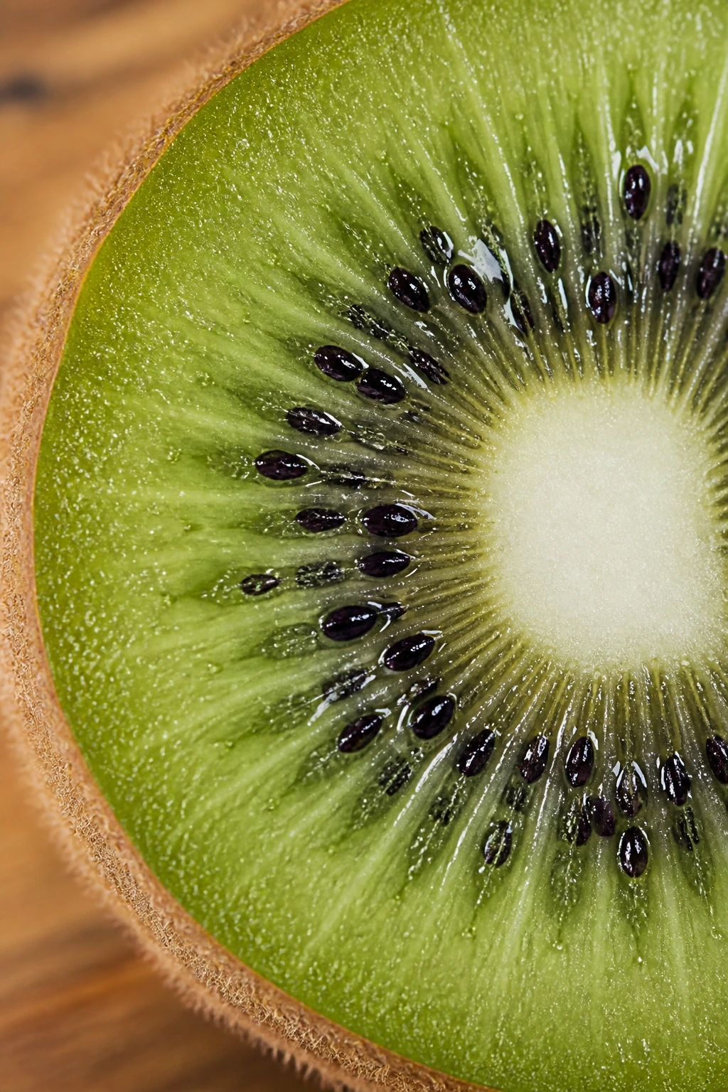 Can You Eat Kiwi Seeds? Is It Safe? What Are The Benefits? 1 Macro close-up of kiwi seeds in bright green flesh on a kitchen counter