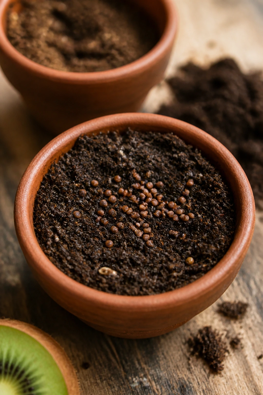 Close-up of kiwi seeds on soil in a pot ready for planting