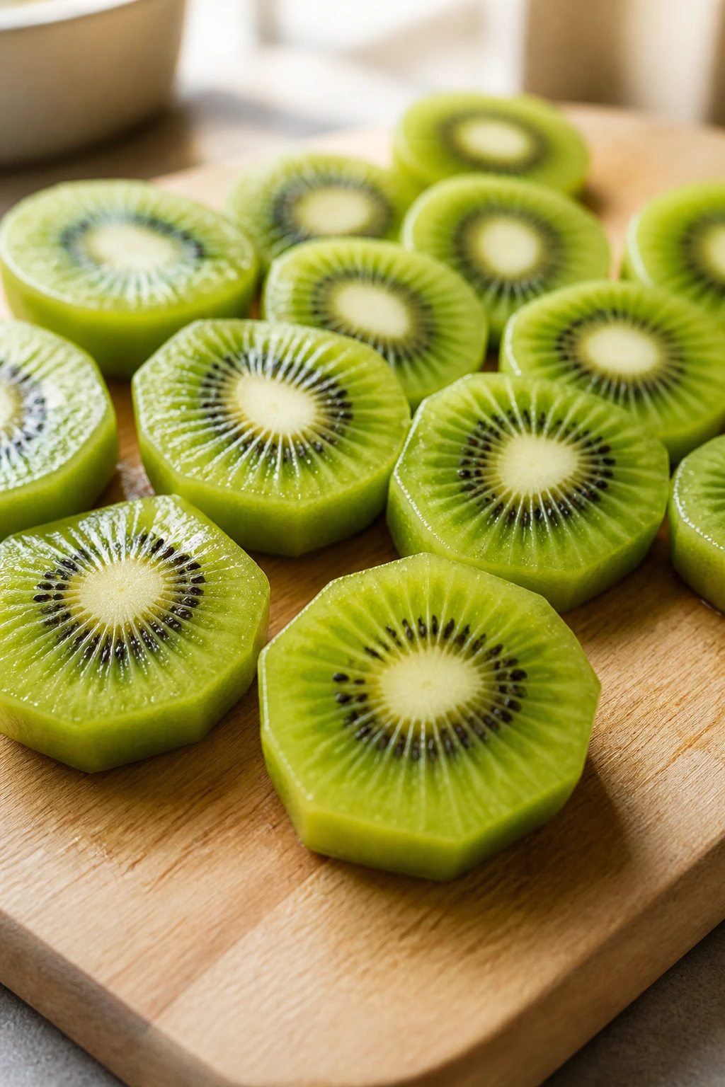 How To Stop Kiwi From Burning Tongue:Â Expert Tips and Tricks 2 Close-up of bite-sized kiwi slices on a cutting board with bright green flesh.