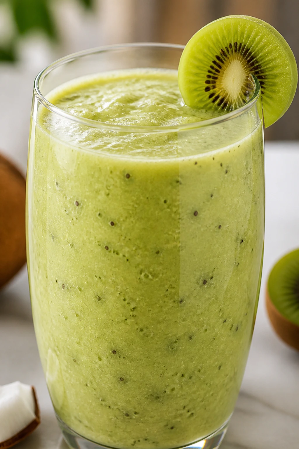 Close-up of Kiwi Coconut Cooler smoothie in a glass on a bright kitchen counter