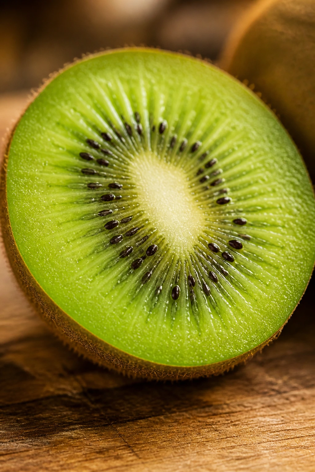 Close-up of a halved kiwi showing green flesh and seeds