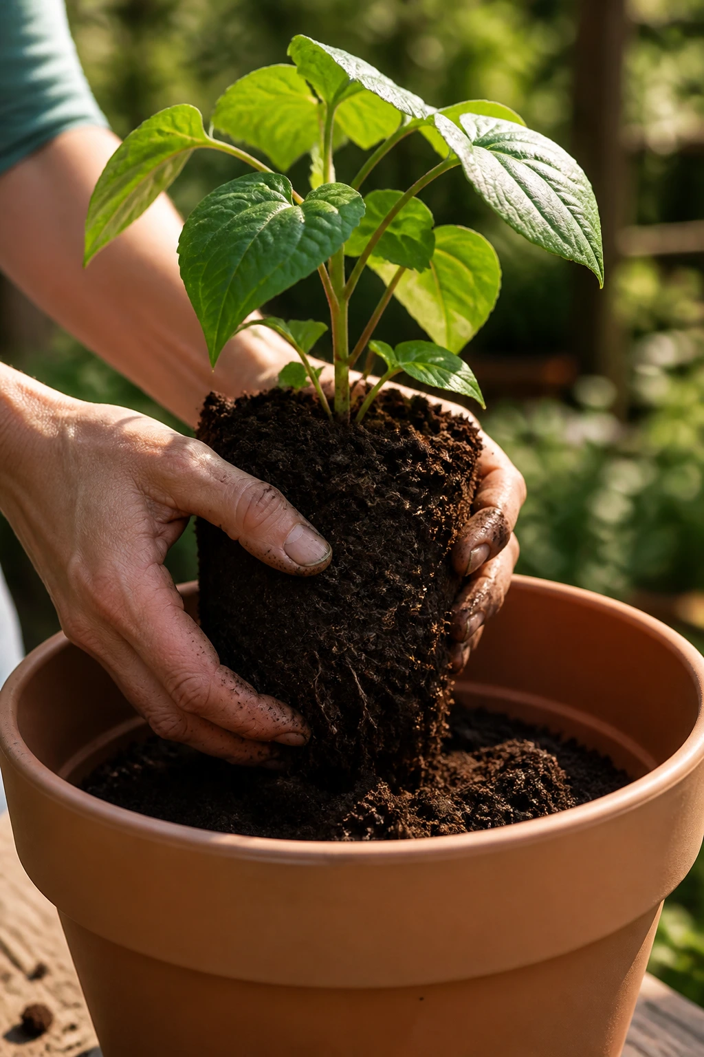 Young kiwi plant being transplanted into a larger pot in a sunny garden