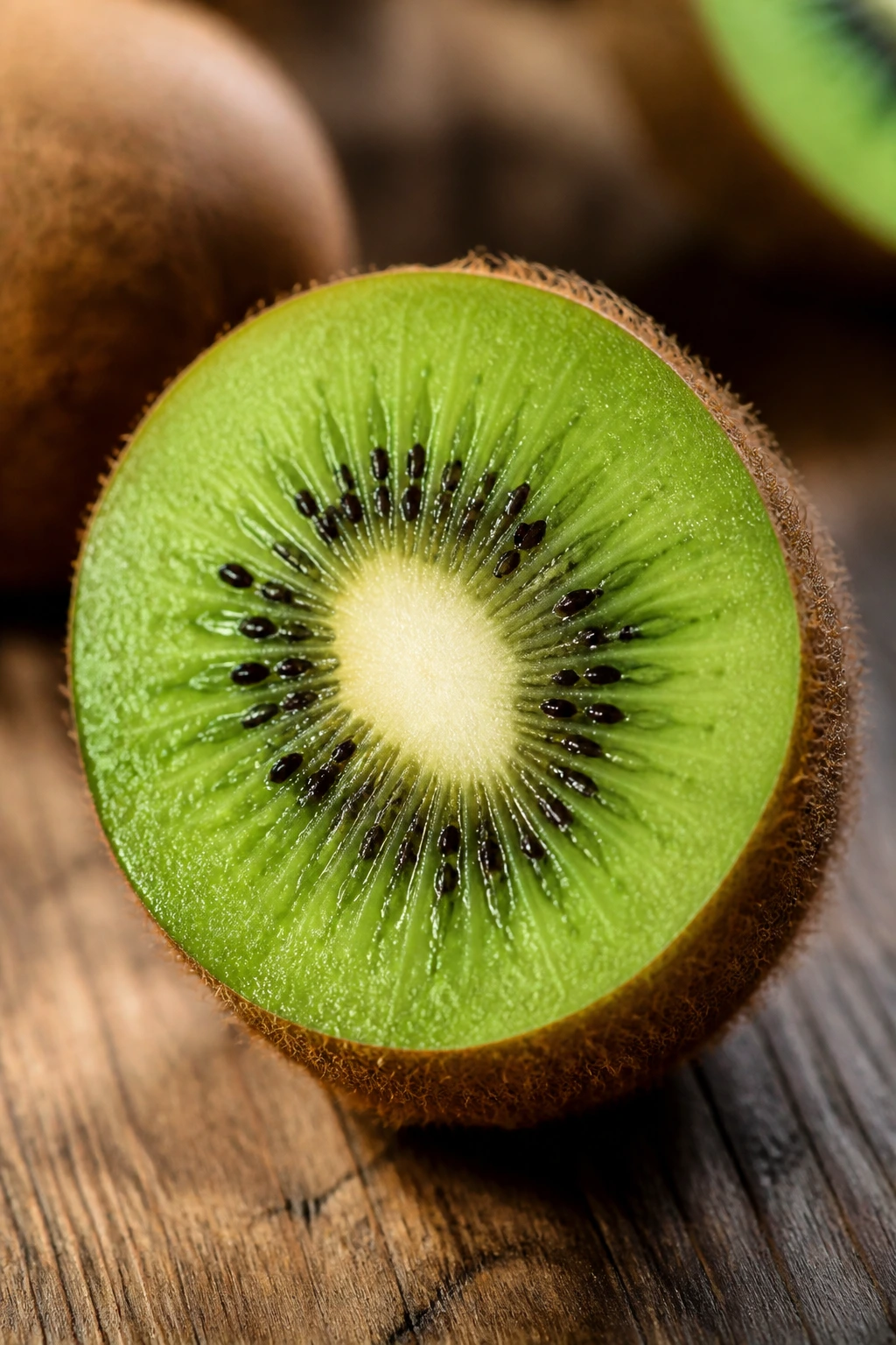 Macro close-up of kiwifruit half showing green flesh and seeds on wood.