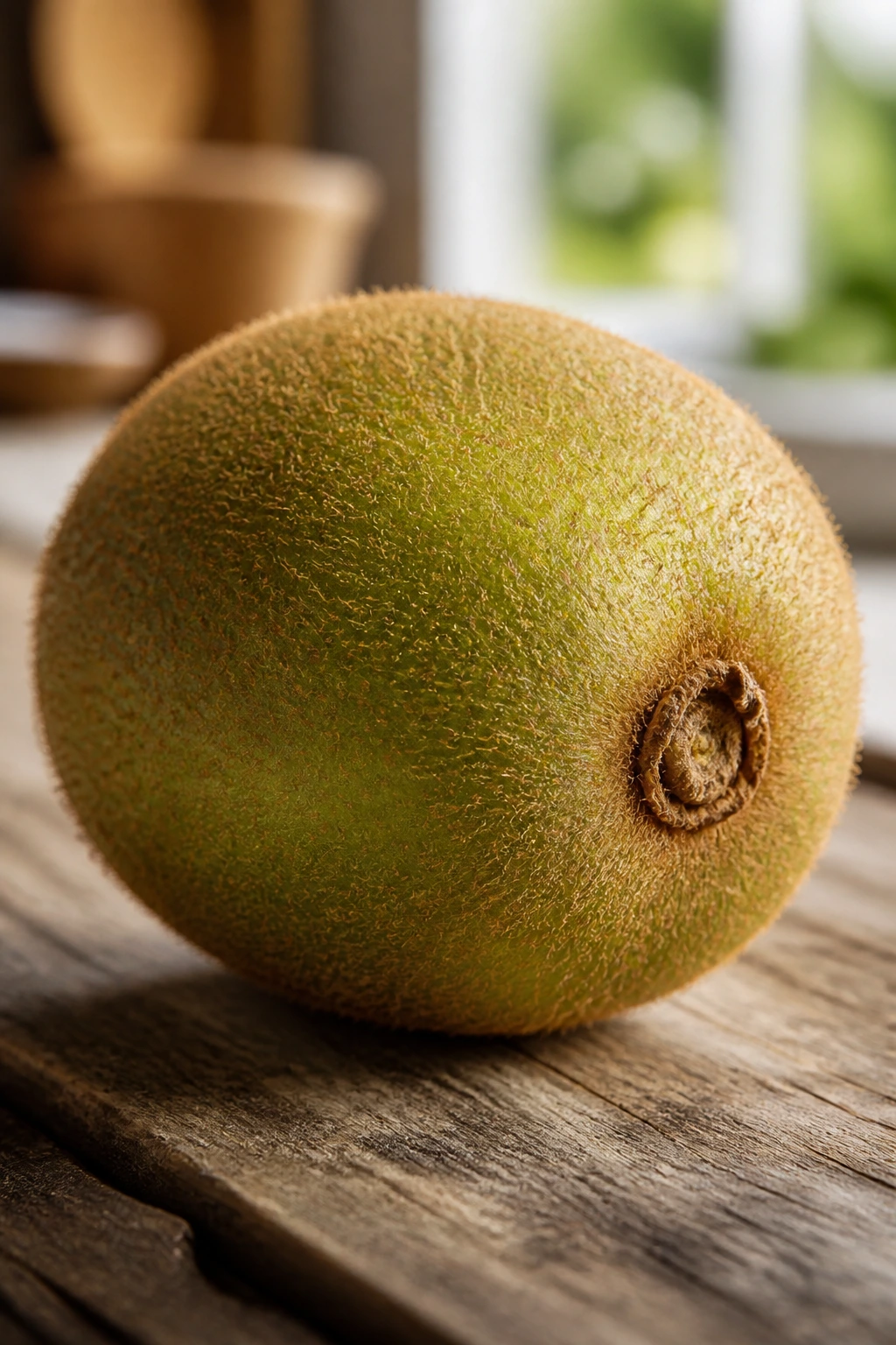 Close-up of a kiwifruit filling the frame on a wooden surface, showcasing its fuzzy brown skin