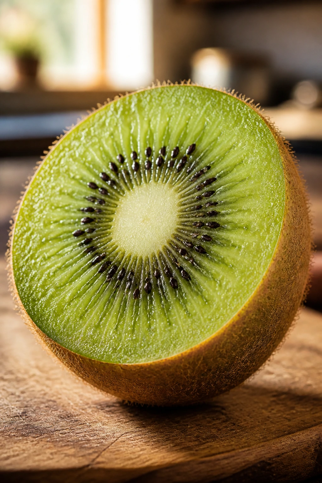 Close-up of kiwifruit halves showing green flesh on wooden board, natural light