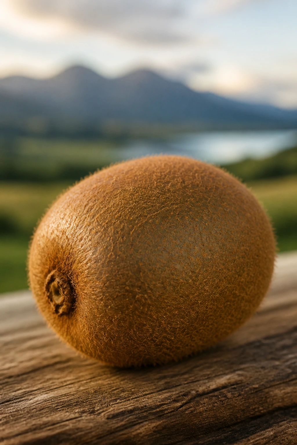 Single kiwifruit on wooden surface with NZ landscape blur