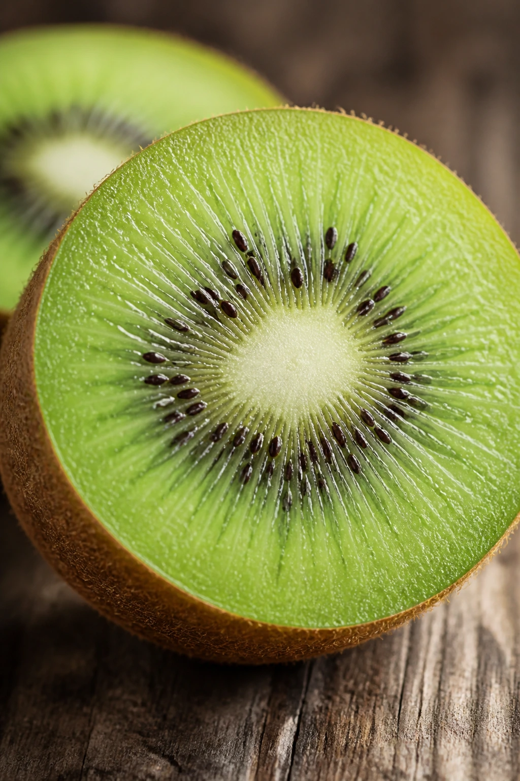 Cross-section of kiwifruit showing seeds and green flesh