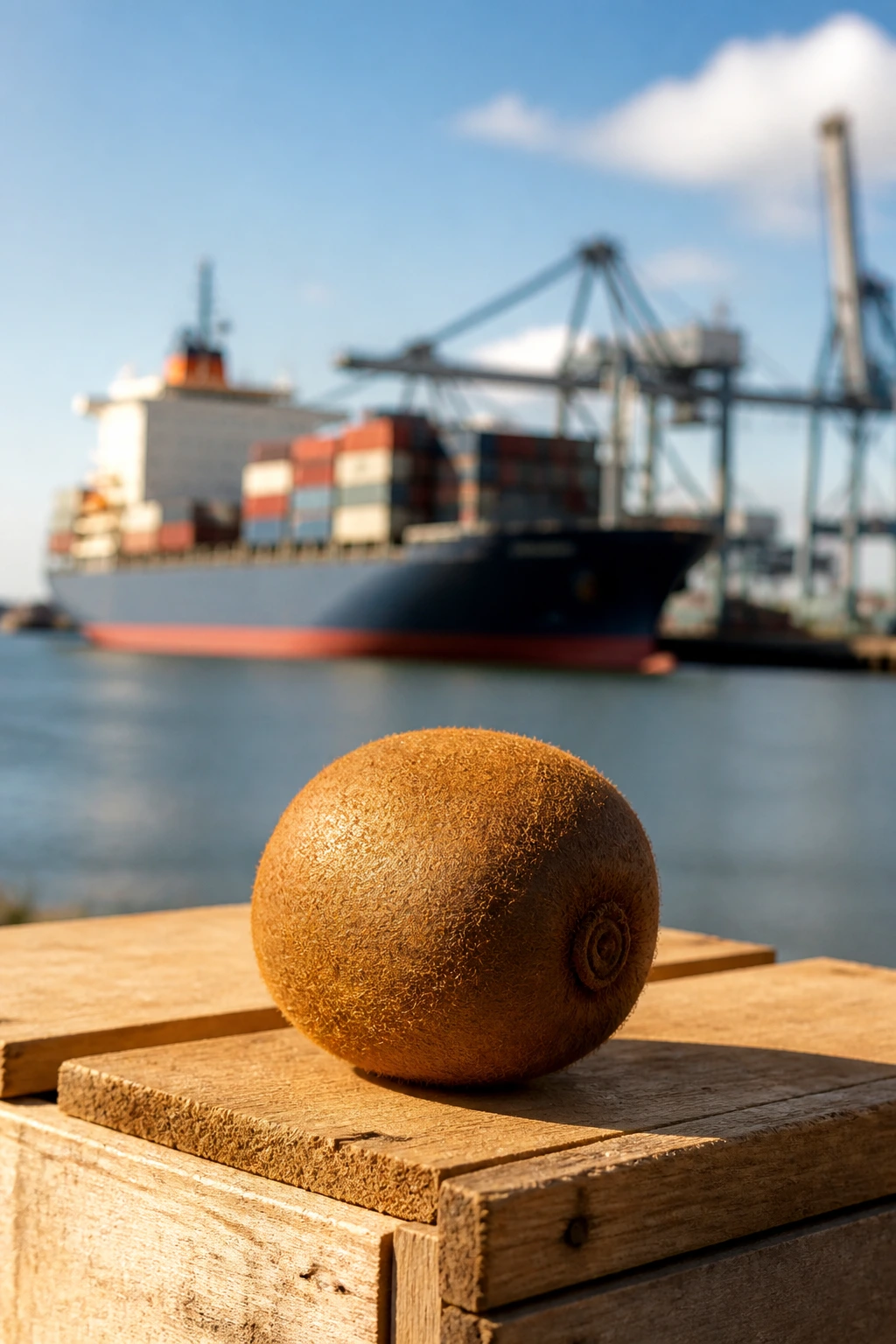 Kiwifruit on wooden crate with export port in background
