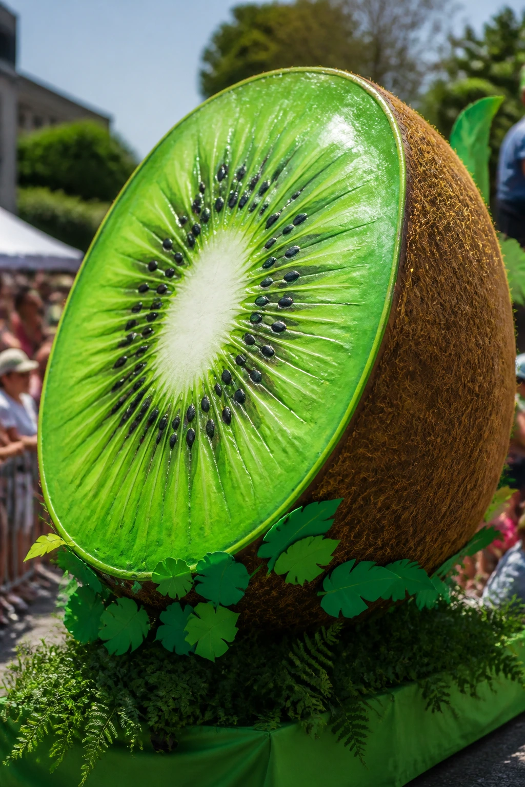 Close-up of kiwifruit festival float with crowd in background