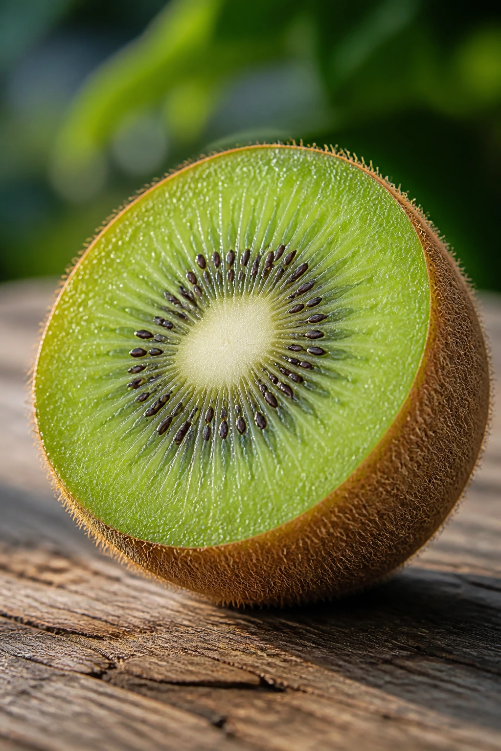 Kiwifruit halved on wood with green background blur