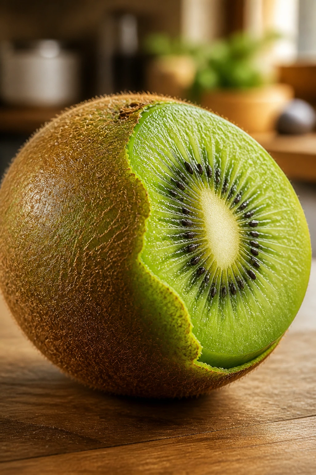 Close-up of a halved kiwifruit showing green flesh and seeds