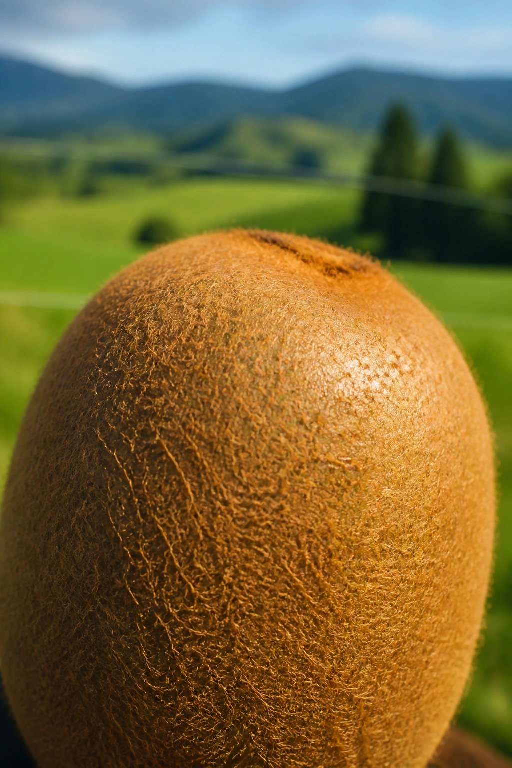 Close-up of a ripe kiwifruit with NZ farm landscape in the background