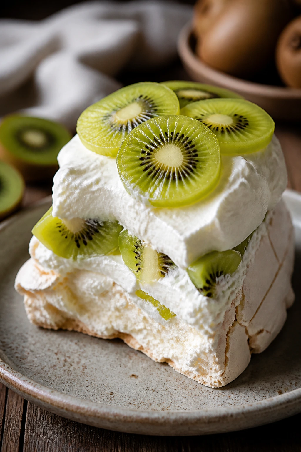 Close-up of kiwifruit pavlova slice with kiwi topping