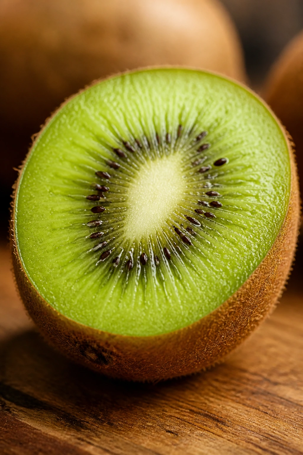 Single kiwifruit cut to show green flesh on wooden surface