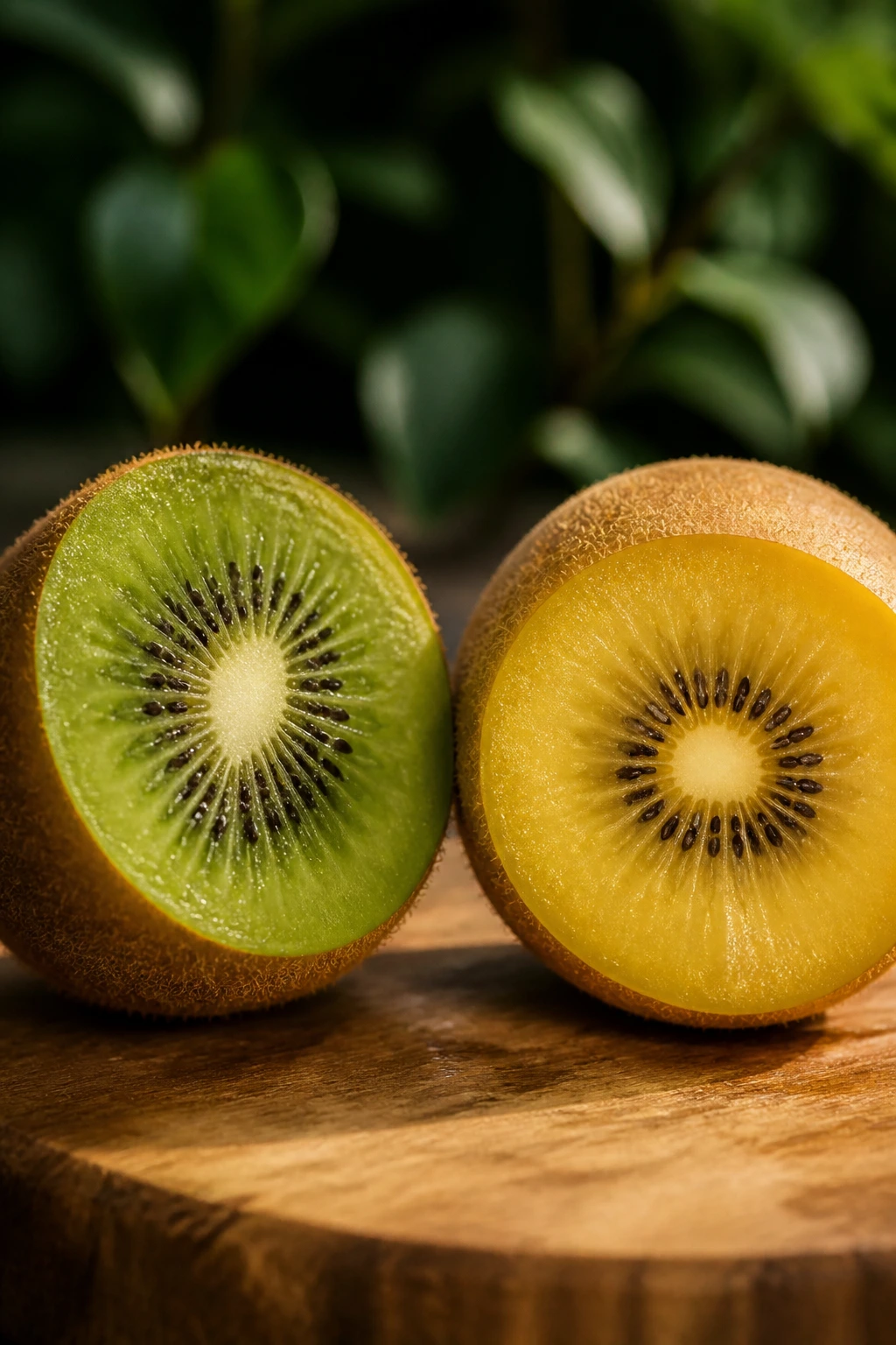 Two kiwifruits of different varieties on wood