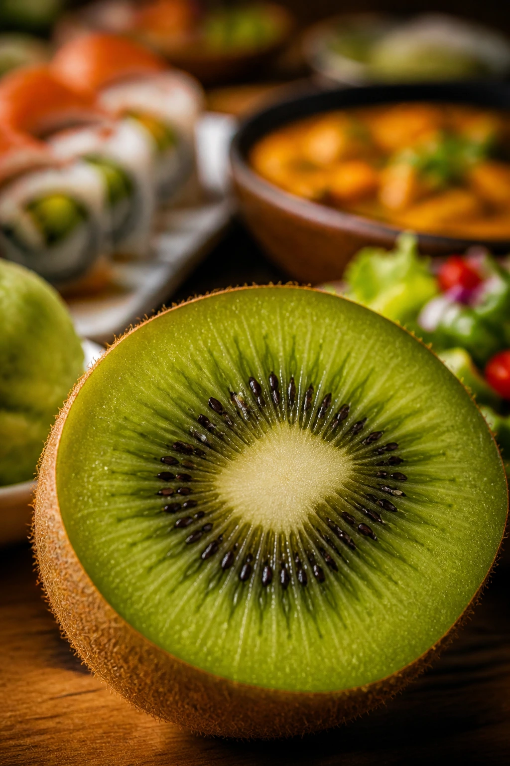 Kiwifruit half with global cuisines blurred in background