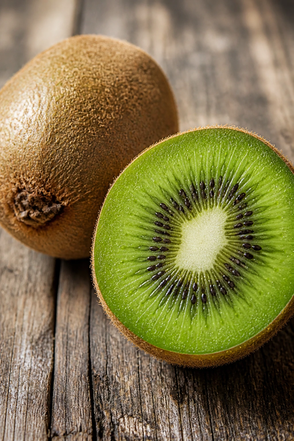 Two kiwifruits, one halved, on a wooden surface