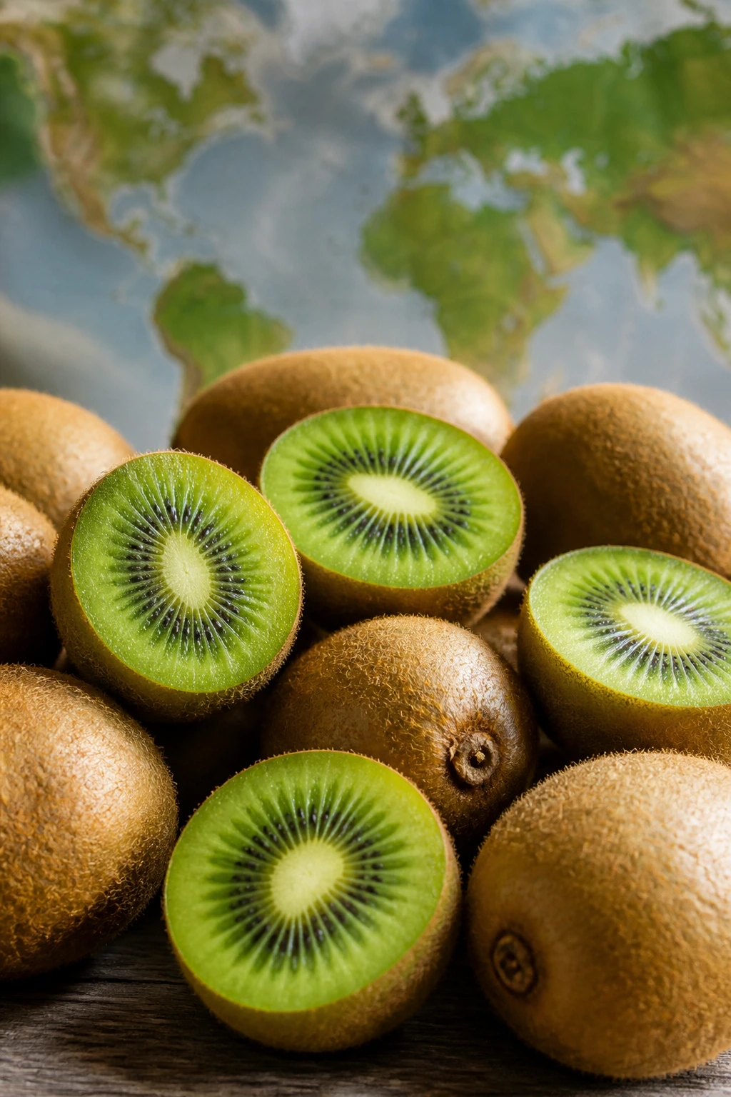 When Are Kiwis In Season? All You Need To Know 1 Close-up of kiwis on a wooden surface with a world map backdrop suggesting global kiwi seasons