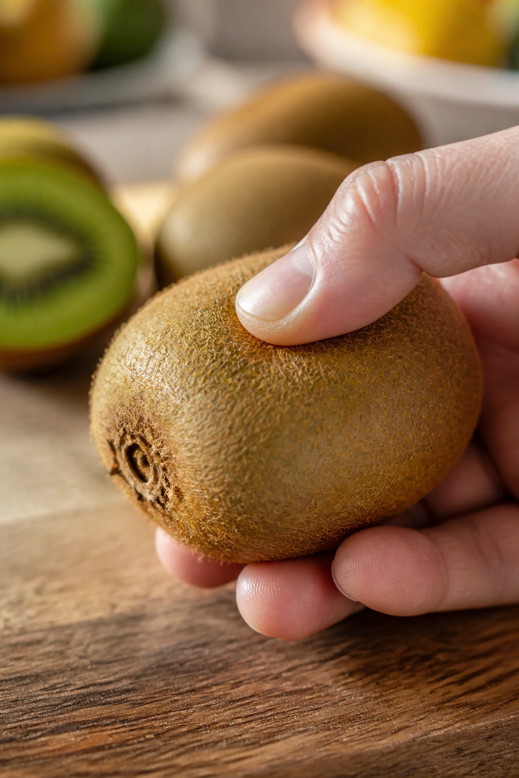 When Are Kiwis In Season? All You Need To Know 4 Hand testing kiwi ripeness on kitchen counter