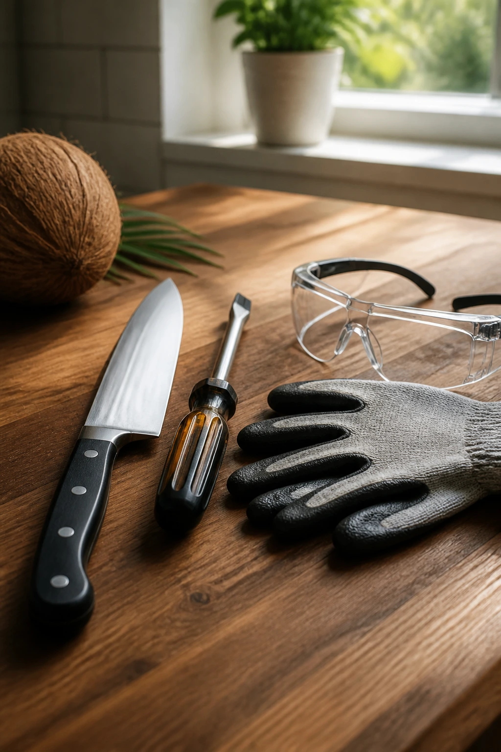 Close-up of essential coconut-opening tools: knife, screwdriver, safety gloves and glasses on a wooden counter