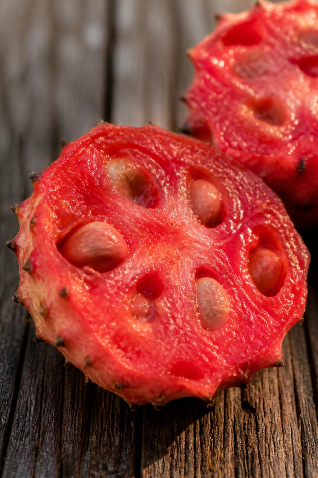 Culinary Curiosity: Is Kousa Dogwood Fruit Edible? 3 Halved Kousa Dogwood fruit revealing red flesh, on wood surface
