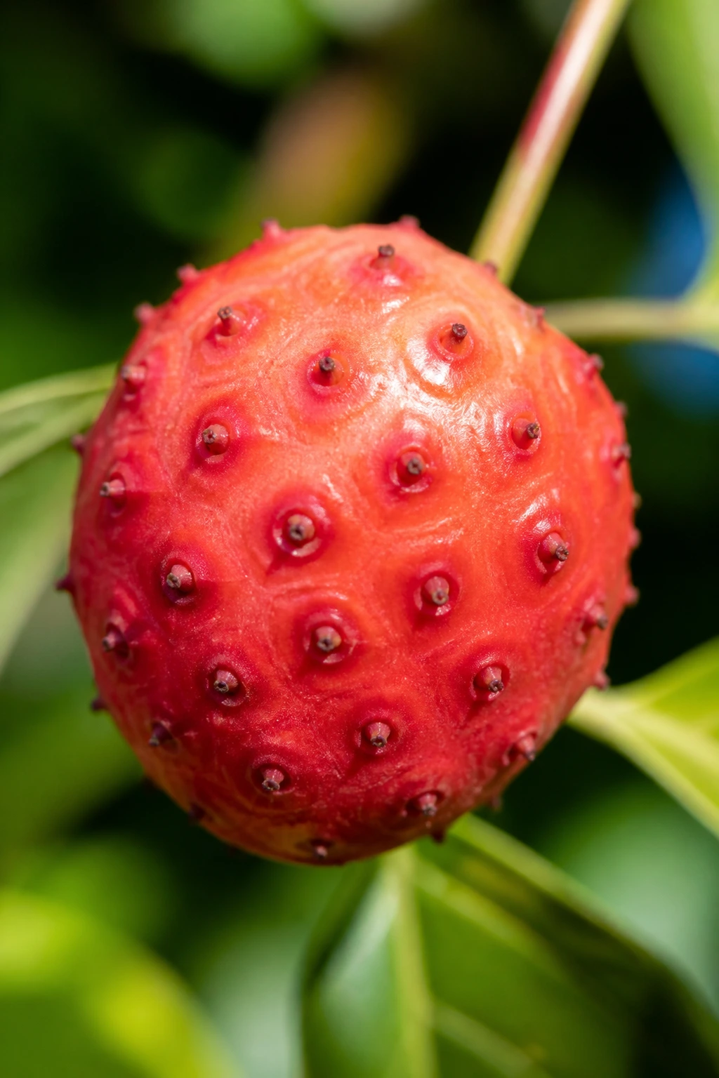 Culinary Curiosity: Is Kousa Dogwood Fruit Edible? 2 Close-up of ripe Kousa Dogwood fruit in a sunlit garden, vibrant red color