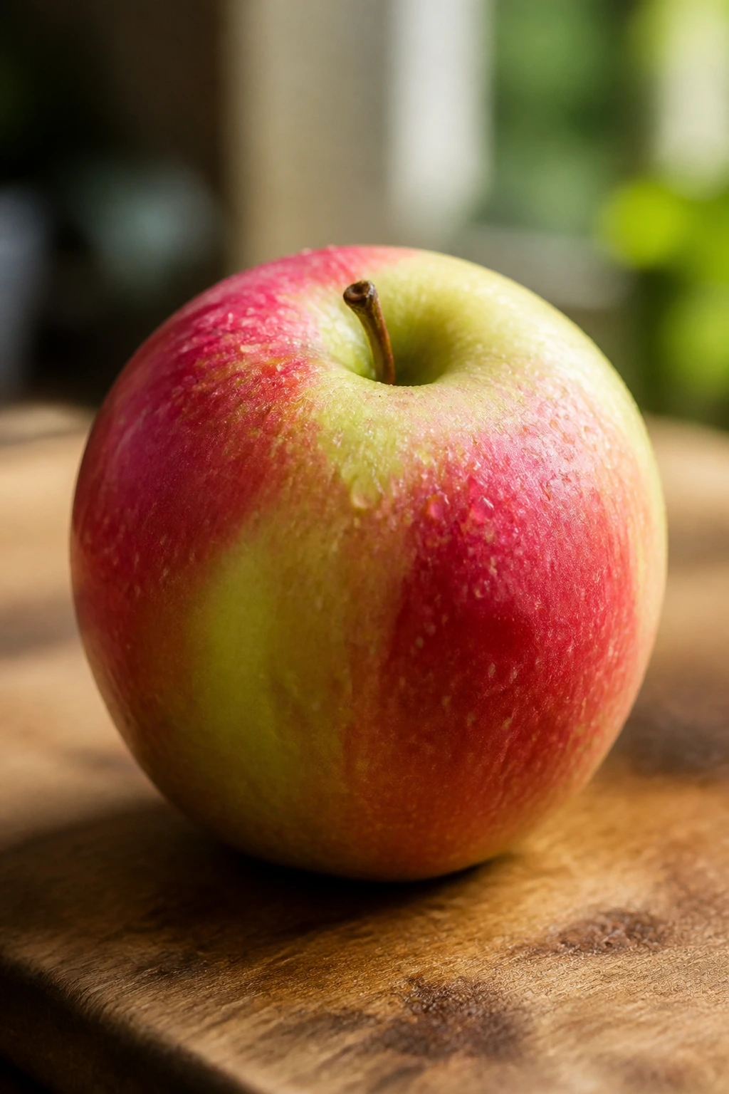 Close-up of a Lady Apple on a wooden cutting board with detailed skin texture