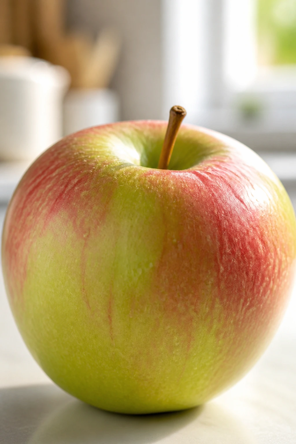 Close-up of a Lady Apple in bright morning light with green skin and pink blush