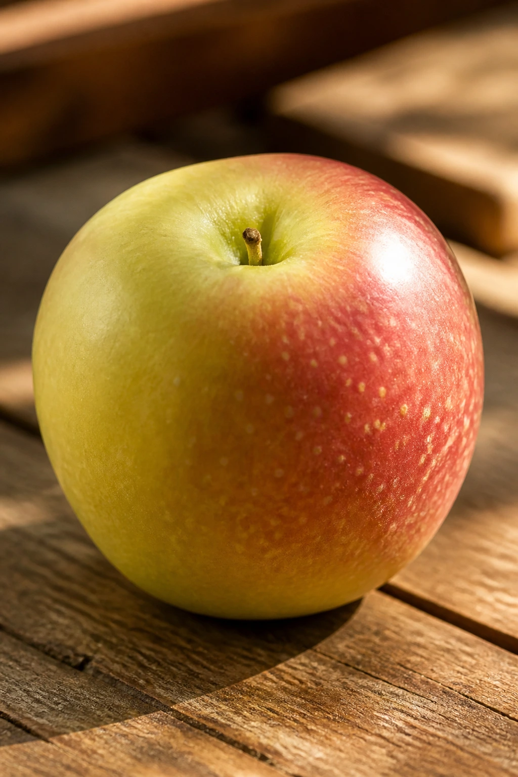 Close-up of a Lady Apple with green skin and pink blush, showing speckled texture on a wooden counter